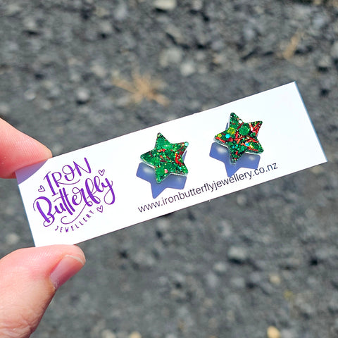 Star Studs - Christmas Green & Red 15mm
