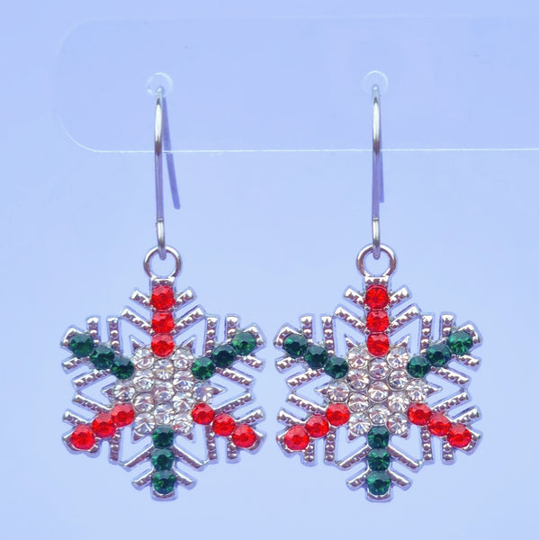 Red & Green Rhinestone Snowflake Earrings